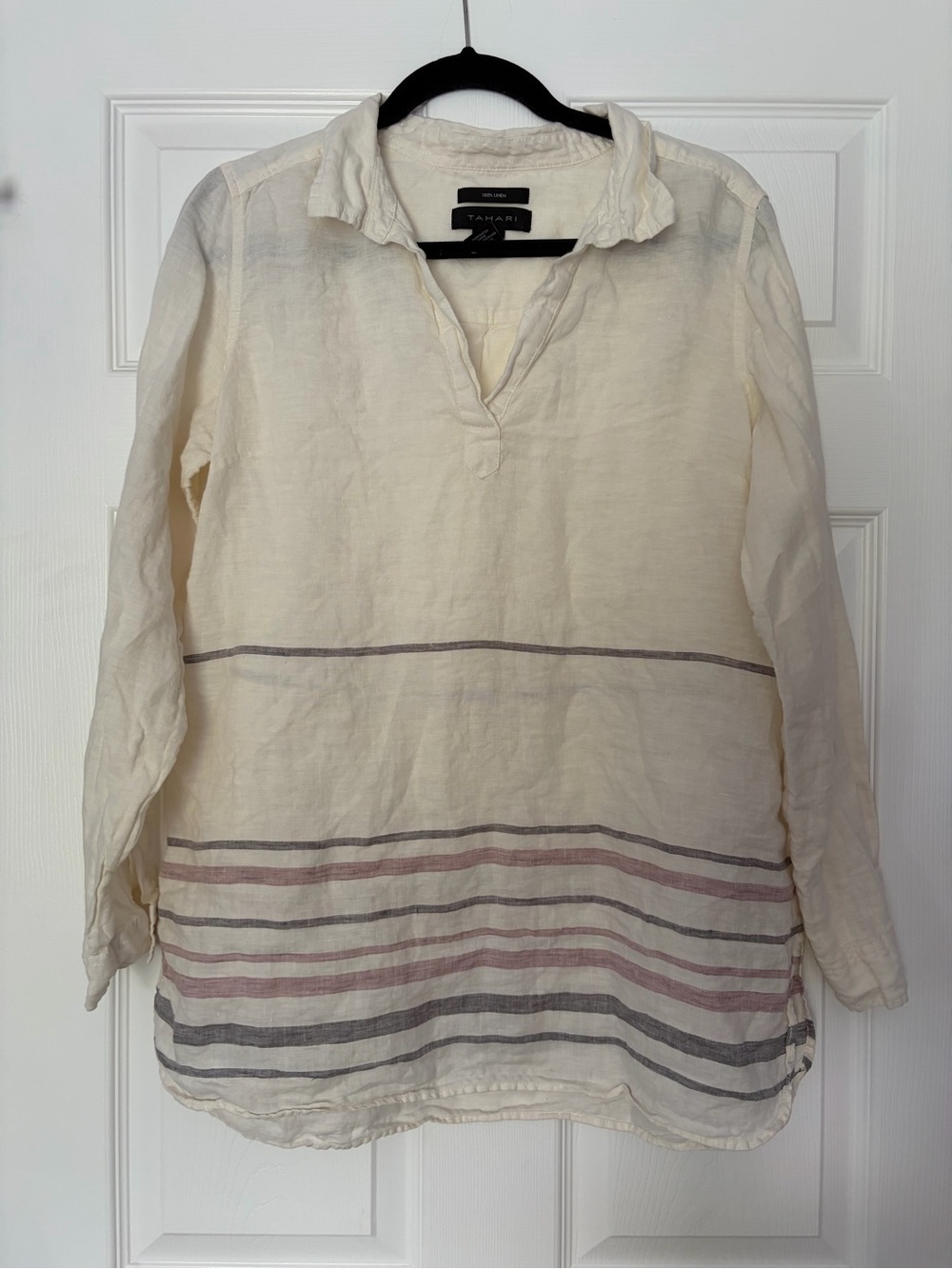 Tahari Cream Button-Down 100% Linen Shirt with Pink & Gray Stripes
